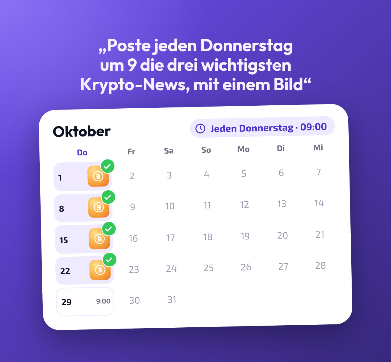 Eine Automatisierung von Doublegram AI im Oktober-Kalender: jeden Donnerstag um 9 die drei wichtigsten Krypto-News, mit einem Bild