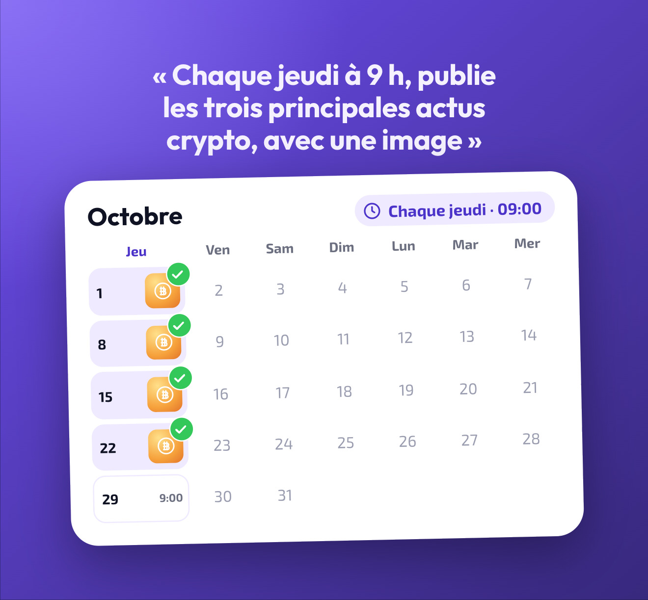 Une automatisation de Doublegram AI dans le calendrier d'octobre&nbsp;: chaque jeudi à 9&nbsp;h, les trois principales actus crypto, avec une image