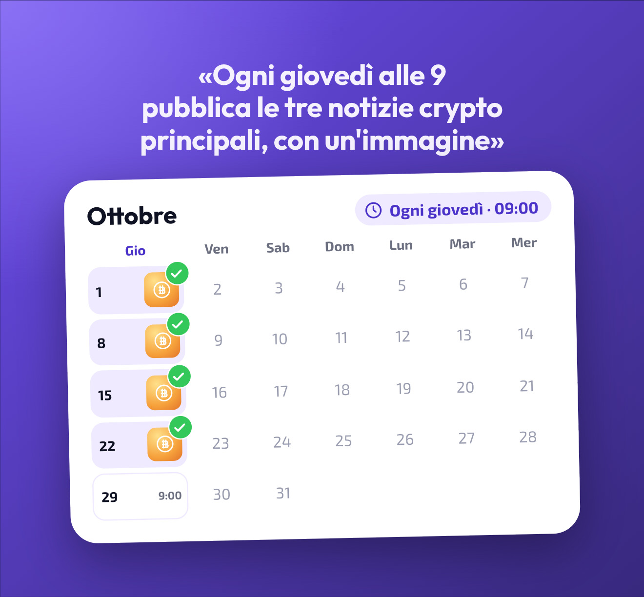 Un'automazione di Doublegram AI nel calendario di ottobre: ogni giovedì alle 9 le tre notizie crypto principali, con un'immagine