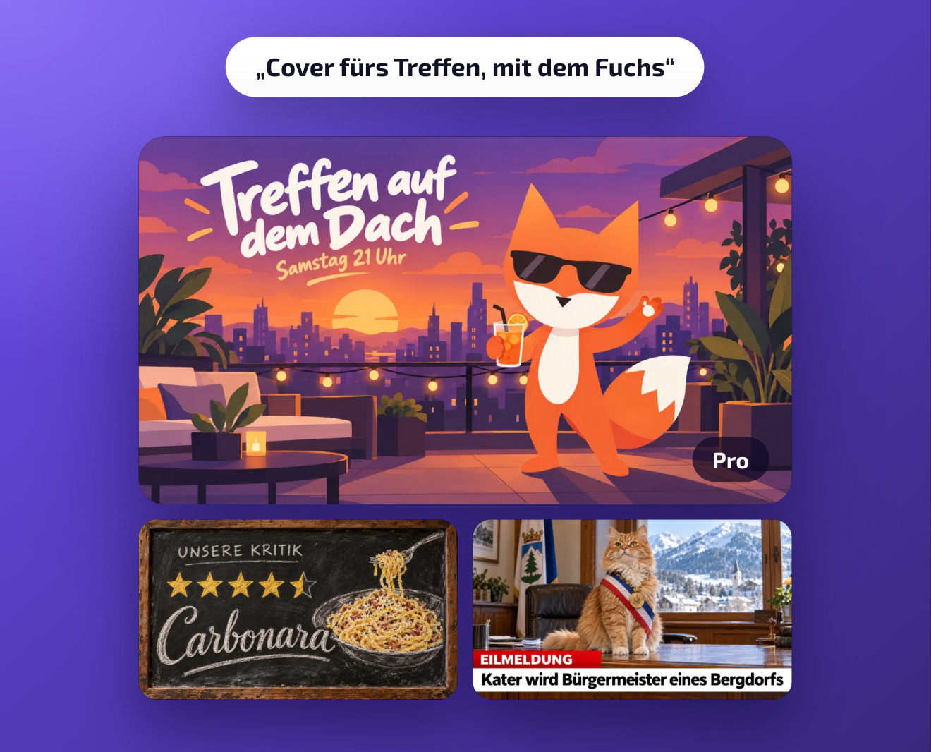Von Doublegram AI für Posts erstellte Bilder: das Cover für das Treffen auf dem Dach mit dem Fuchs, eine Kritik und eine Meldung