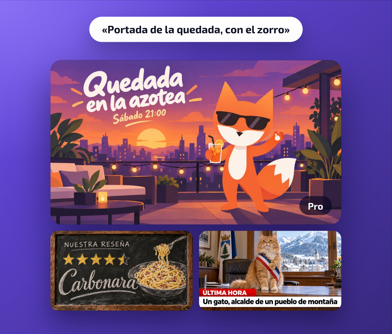 Imágenes creadas por Doublegram AI para los posts: la portada de la quedada en la azotea con el zorro, una reseña y una noticia