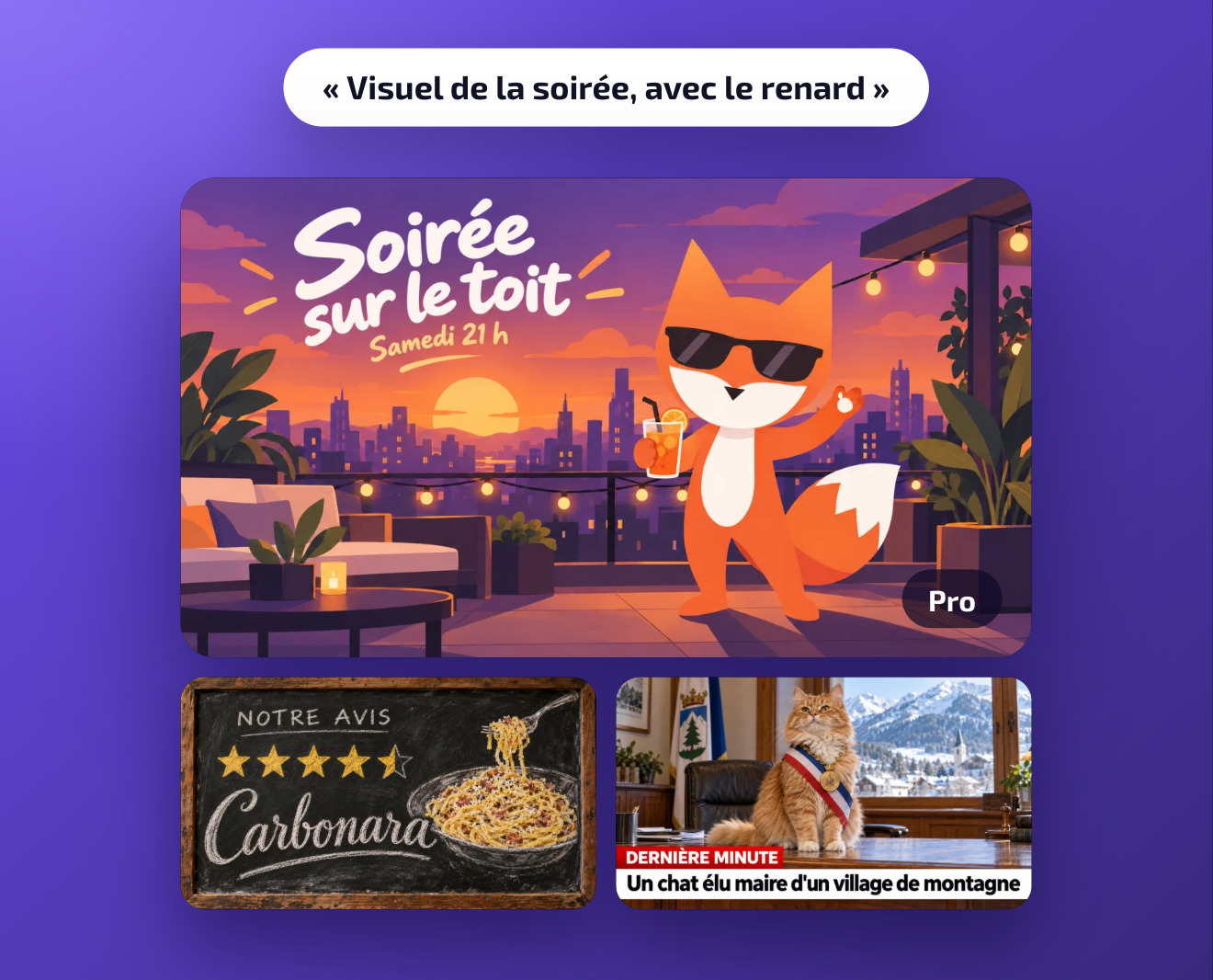 Images créées par Doublegram AI pour les posts&nbsp;: le visuel de la soirée sur le toit avec le renard, un avis et une actu