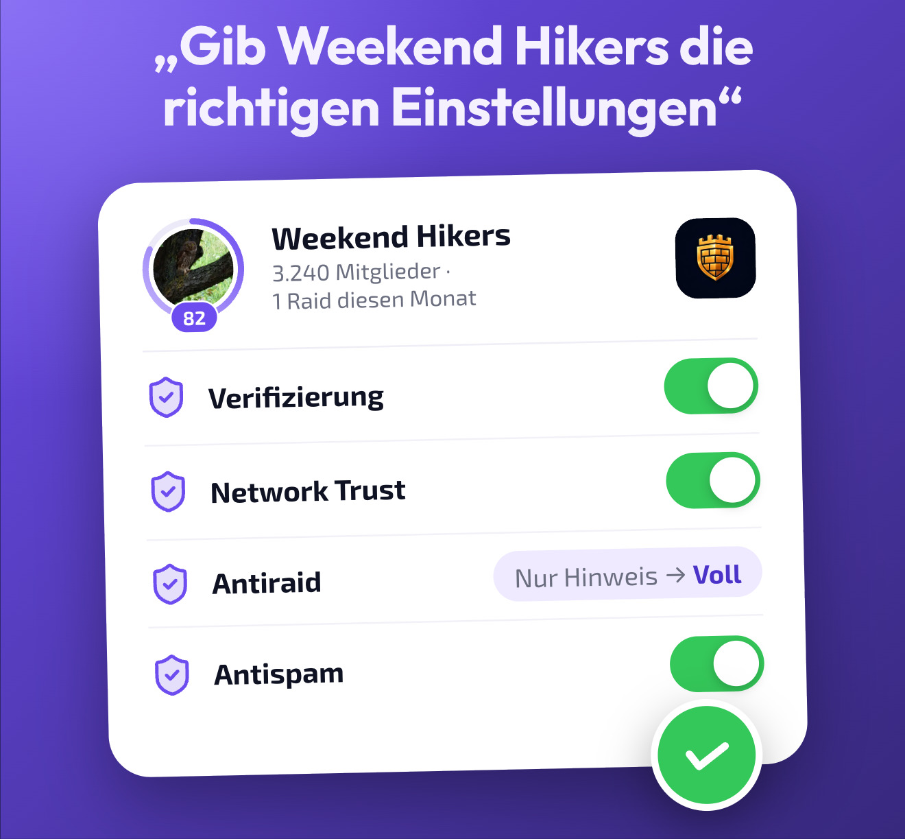 Die Schutzfunktionen von Doublegram Security, die Doublegram AI für die Gruppe Weekend Hikers wählt: Verifizierung, Network Trust, Antiraid und Antispam