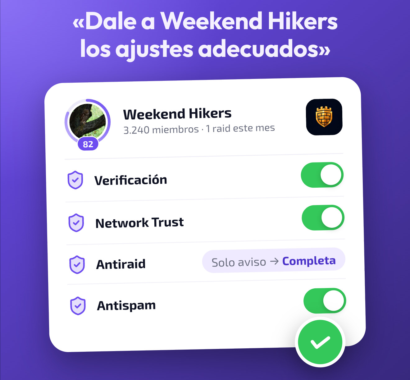 Las defensas de Doublegram Security que Doublegram AI elige para el grupo Weekend Hikers: Verificación, Network Trust, Antiraid y Antispam