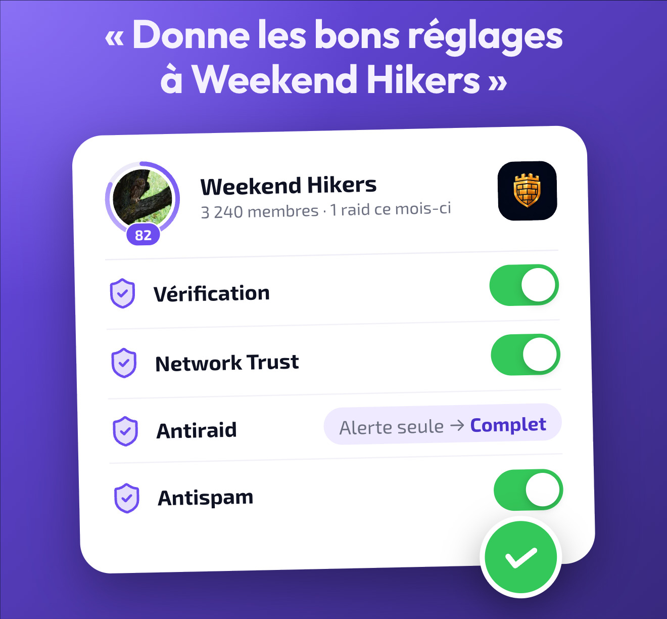 Les défenses de Doublegram Security que Doublegram AI choisit pour le groupe Weekend Hikers&nbsp;: Vérification, Network Trust, Antiraid et Antispam