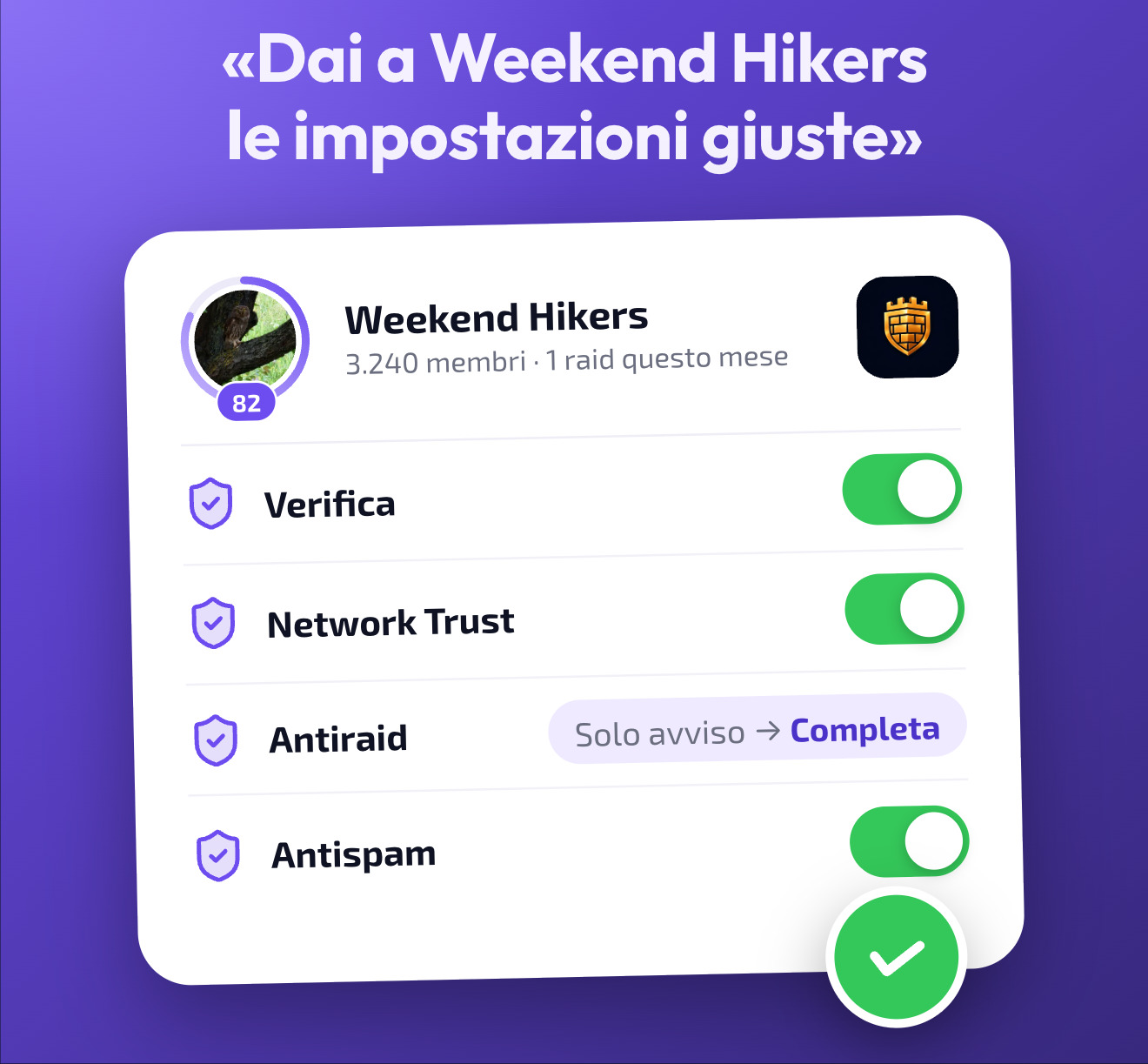 Le difese di Doublegram Security che Doublegram AI propone per il gruppo Weekend Hikers: Verifica, Network Trust, Antiraid e Antispam