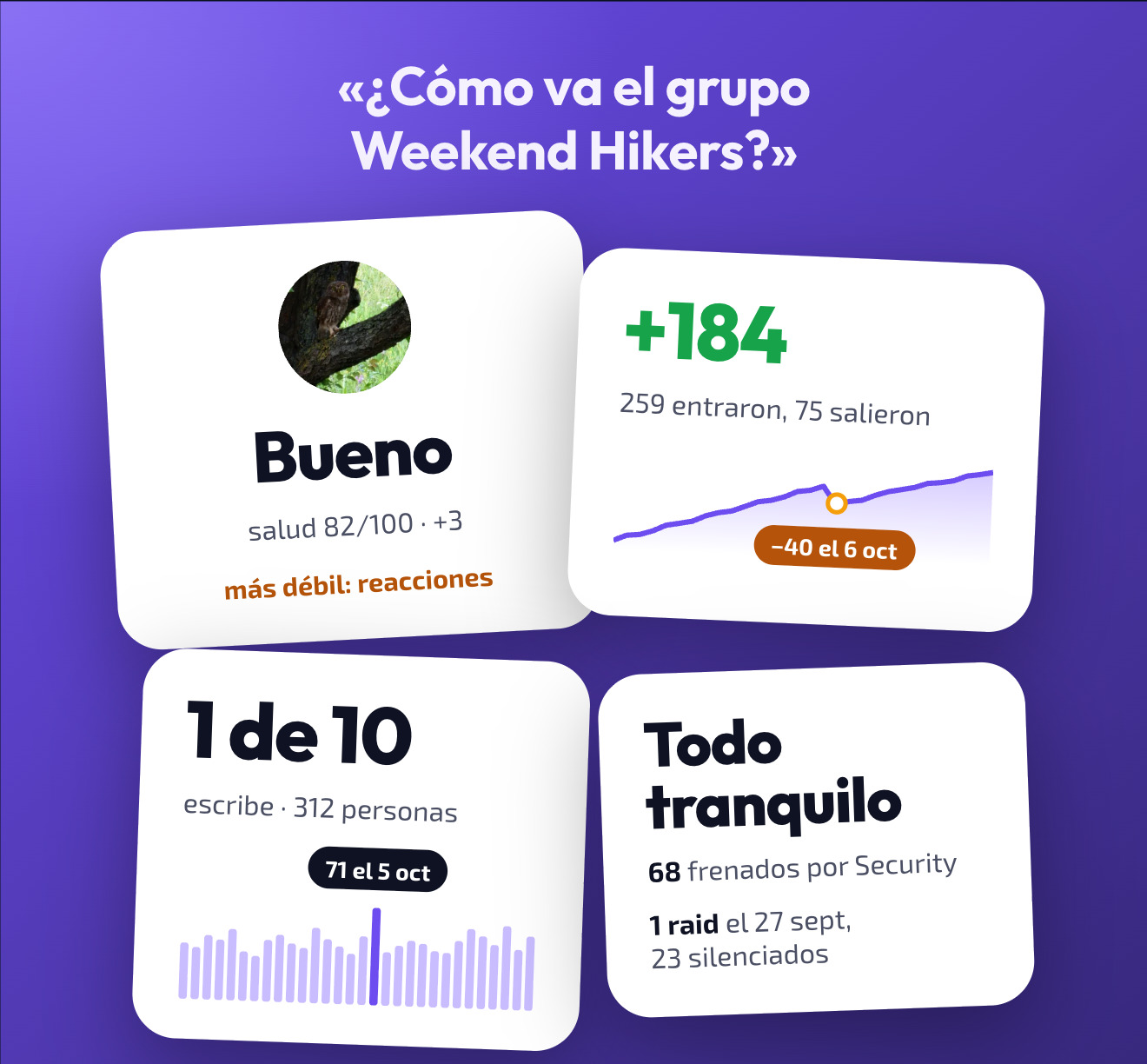 Doublegram AI responde a «¿Cómo va el grupo Weekend Hikers?»: salud, miembros nuevos, quién escribe y lo que frenó Security