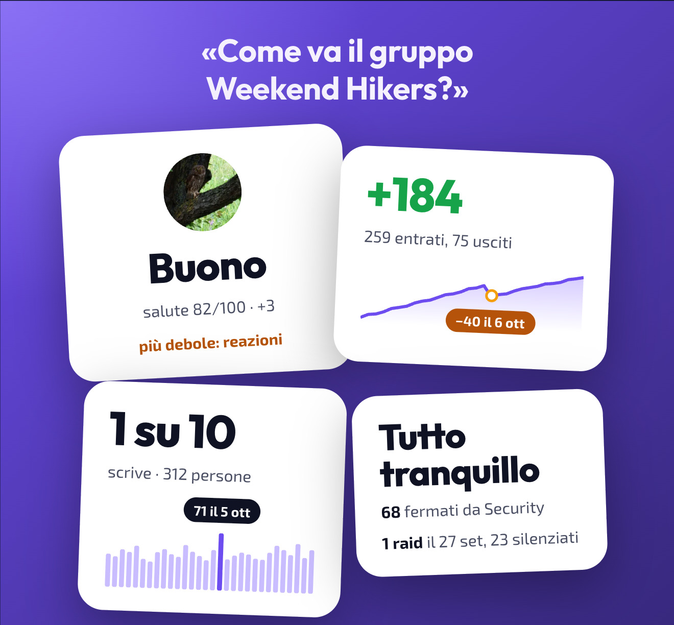 Doublegram AI risponde a «Come va il gruppo Weekend Hikers?»: salute, nuovi membri, chi scrive e cosa ha fermato Security