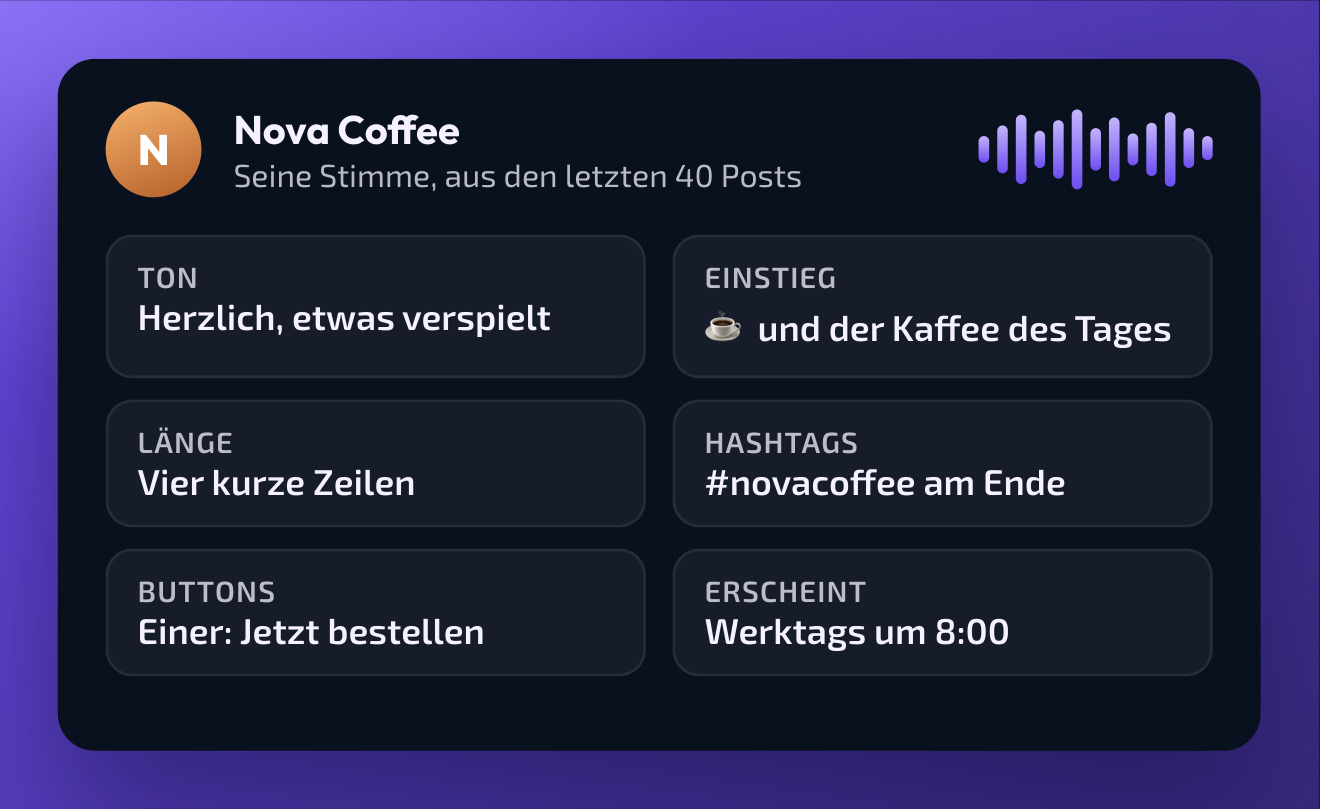 Die Stimme des Kanals Nova Coffee, von Doublegram AI aus den letzten 40 Posts gelernt: Ton, Einstieg, Länge, Hashtags, Buttons und Uhrzeit