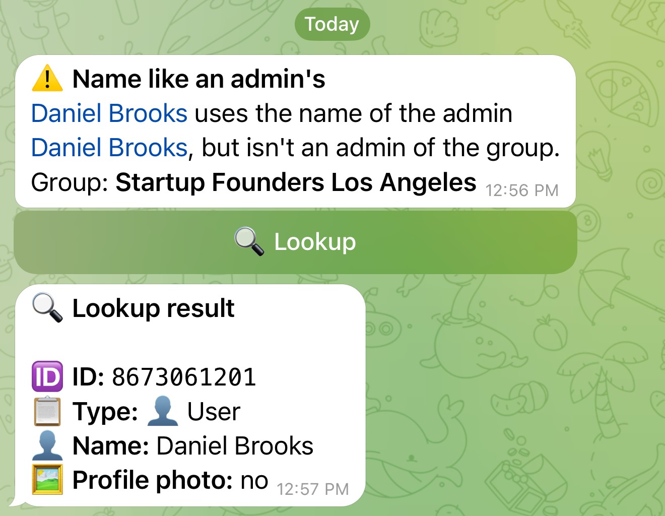 Warnung von Doublegram Lookup in einer Telegram-Gruppe: Ein neues Mitglied nutzt den Namen eines Admins