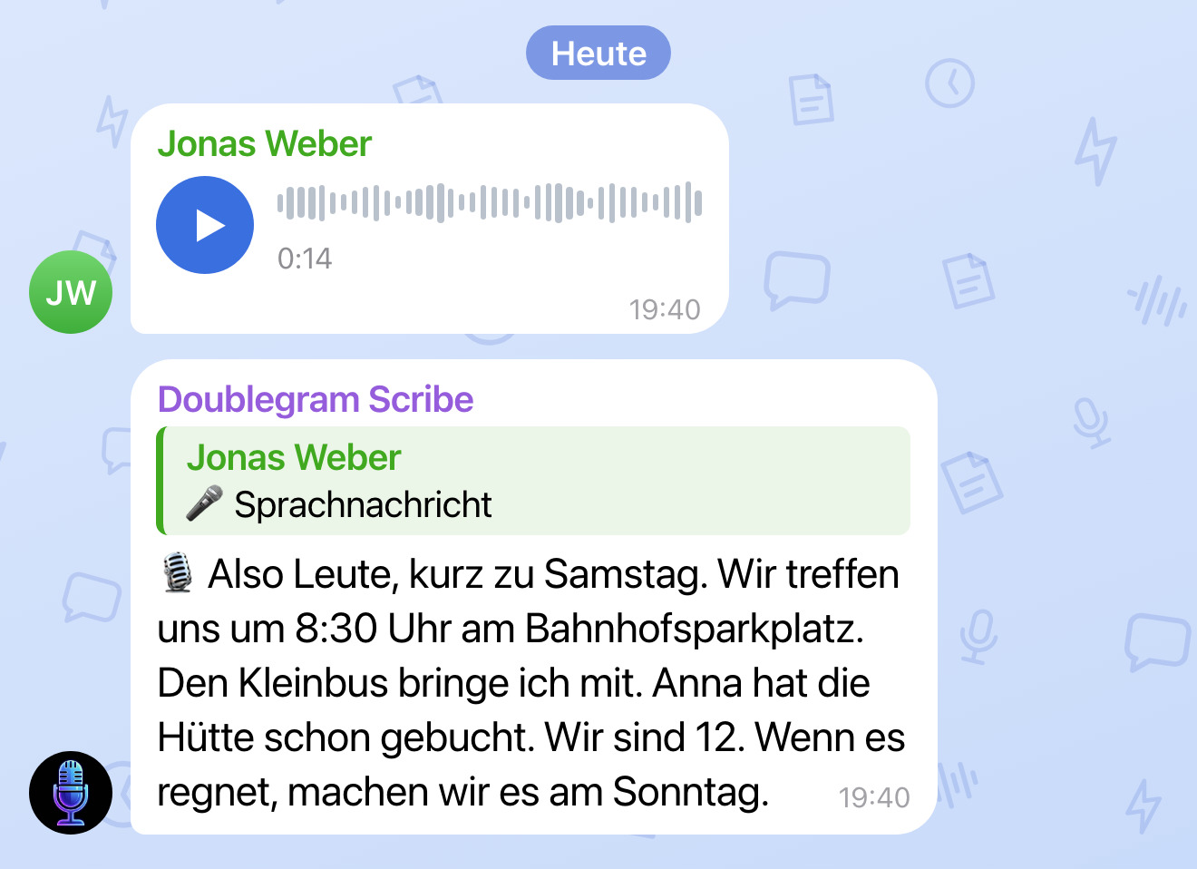 Doublegram Scribe in einer Telegram-Gruppe: eine Sprachnachricht und darunter ihr Transkript