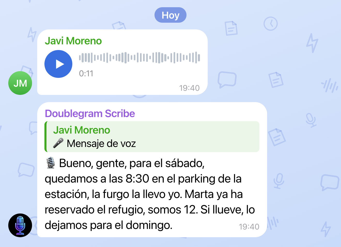 Doublegram Scribe en un grupo de Telegram: un mensaje de voz y, debajo, su transcripción