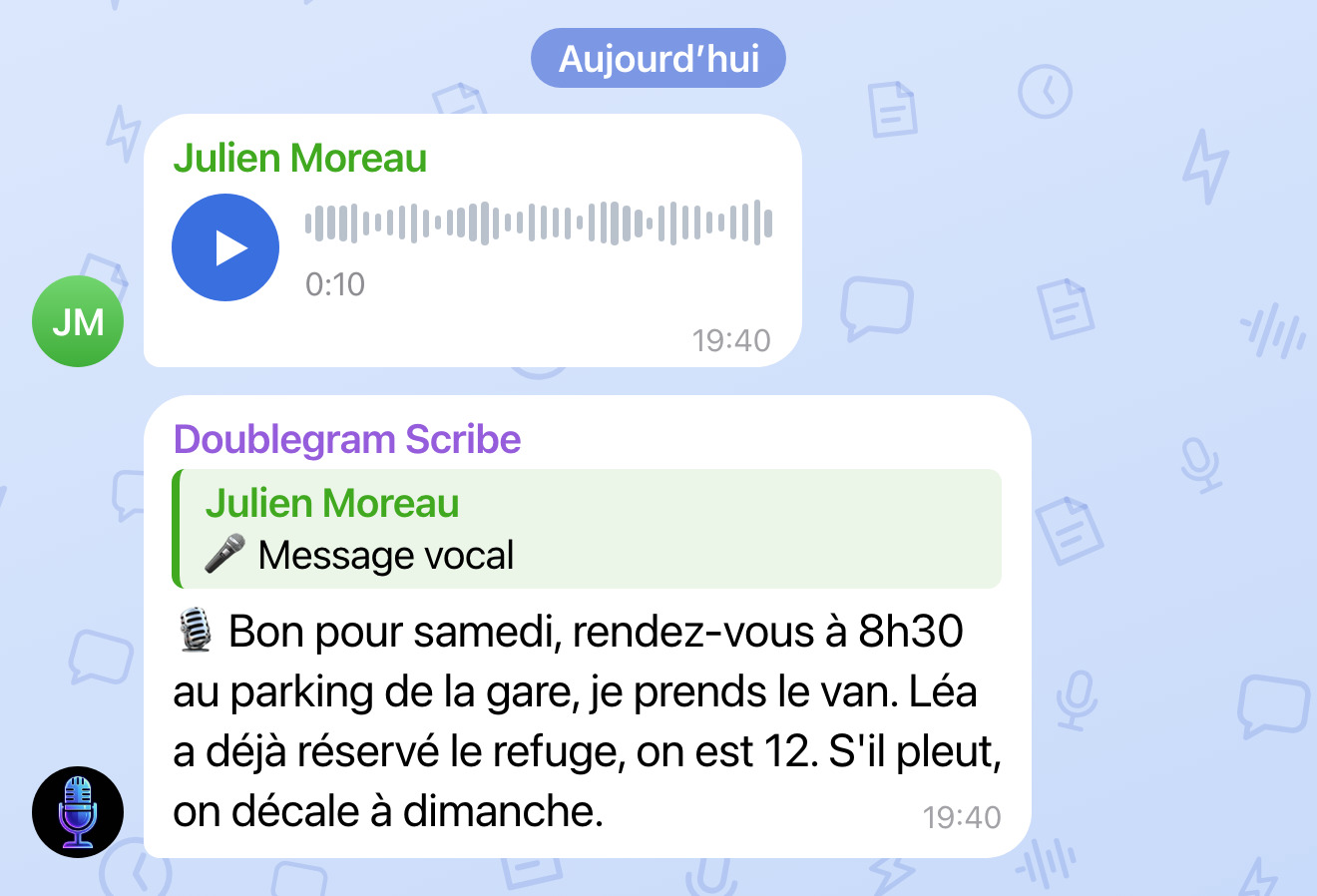 Doublegram Scribe dans un groupe Telegram : un vocal et, en dessous, sa transcription