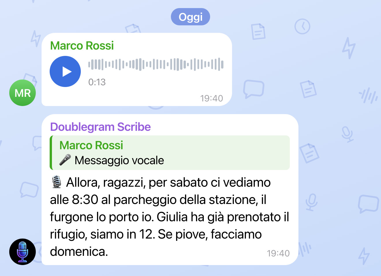 Doublegram Scribe in un gruppo Telegram: un vocale e, sotto, la sua trascrizione
