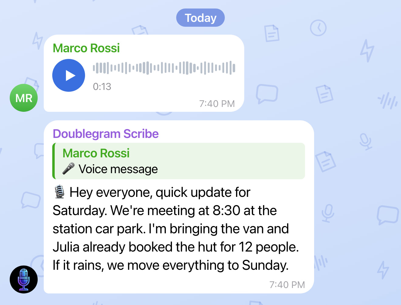 Doublegram Scribe in a Telegram group: a voice message and, below it, its transcript
