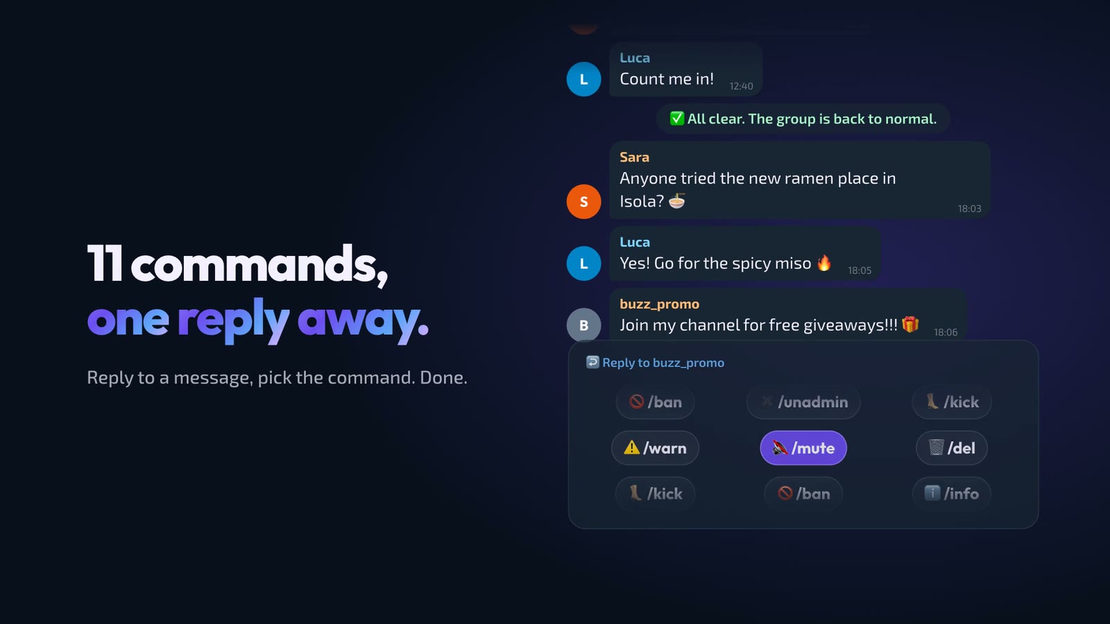 Admin commands shown in reply to a spam message: ban, mute, warn, kick, del, info and more