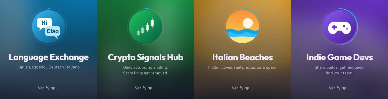 Four Telegram groups, each with its own verification page in the colors of the group